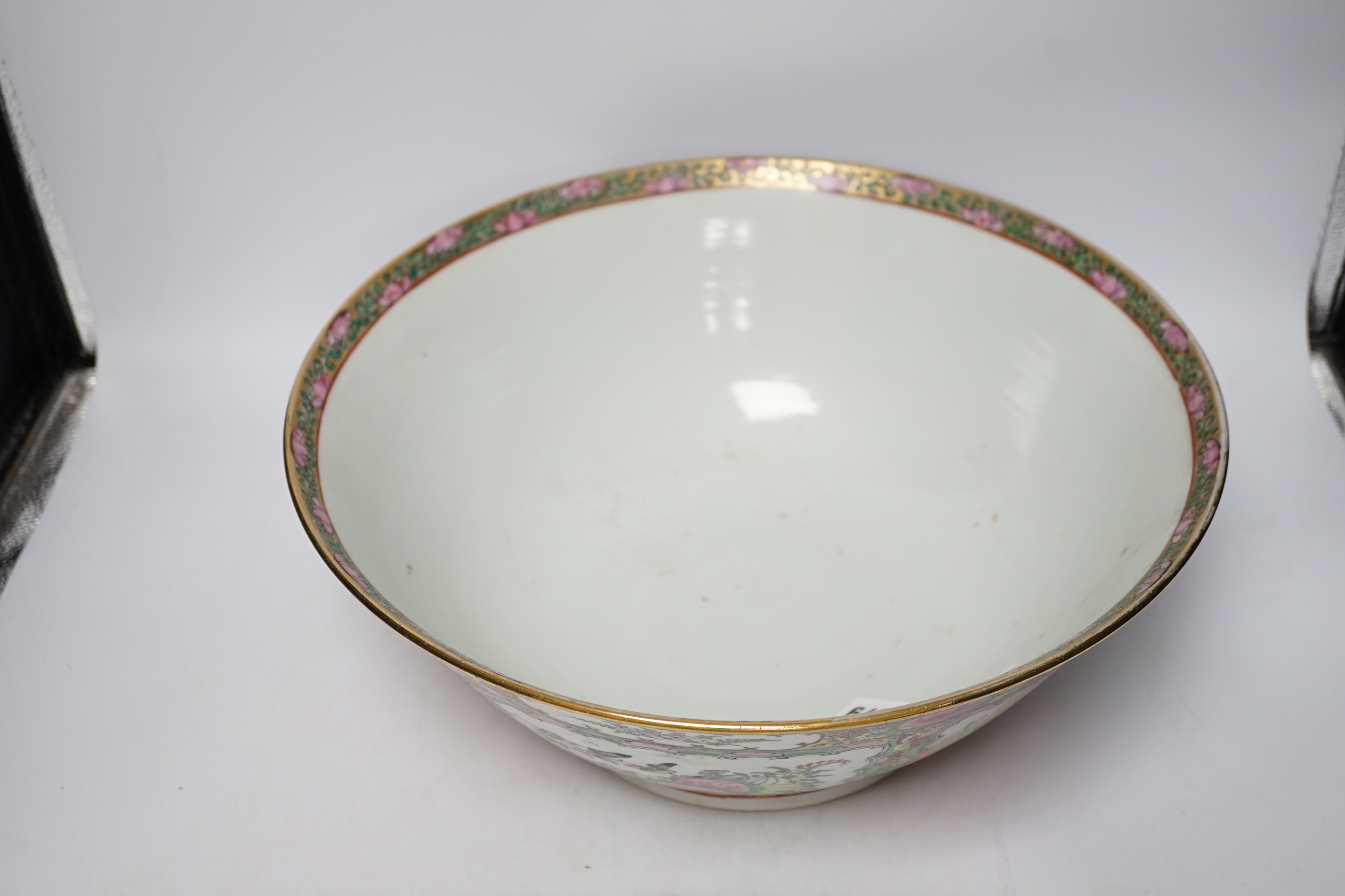 An early 20th century Chinese Canton pattern famille rose bowl, 37cm diameter